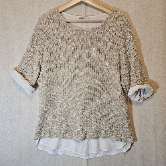 Zara W/B Collection Womens Layered Top Tan Knit Sweater Over Cream Medium *flaw* - Picture 1 of 9
